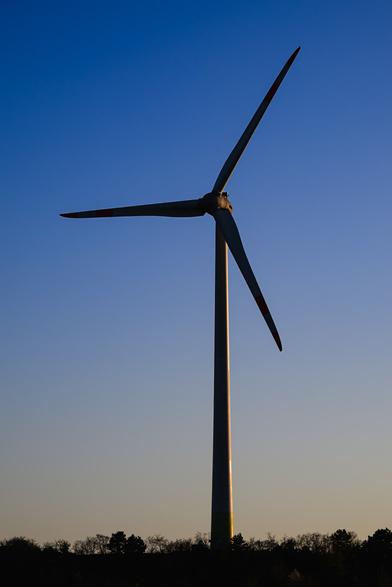 A single wind turbine stands tall against a clear blue sky at sunset, with the horizon lined by silhouettes of trees. The soft golden light highlights the sleek structure and emphasizes the peaceful, renewable energy theme.