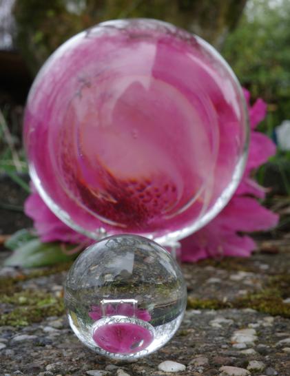A pink rhododendron umbel is subjected to a point reflection, magnification, and distortion by a large glass sphere.
In front of the large sphere lies a much smaller one, which inflicts the same effect on the larger sphere: point reflection, magnification, and distortion.