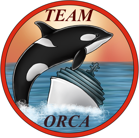 Cartoon style drawing of an orca, jumping from the sea, sinking unnaturally small yacht, lying on one side. There is orange sunset sky above relatively smooth water surface. Whole scene is surrounded by red circle, with text TEAM on the top and ORCA on the bottom.