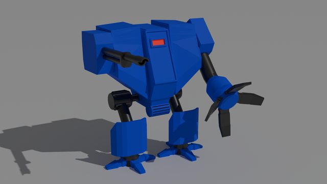 Blue massive robot on two legs. It has two kind of arms. The one is a metal claw, the other is a laser gun.