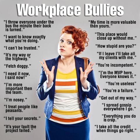 The image is titled "Workplace Bullies" and features a woman with red, curly hair gesturing with her hands in a 'what else can I do?' manner. Surrounding her are speech bubbles filled with common phrases and statements used by bullies in the workplace. Examples include: "I throw everyone under the bus the minute their back is turned," "How stupid are you?", "You're useless," and "I take all the credit when things go right." The woman is wearing a yellow, white, and orange-striped shirt, a blue blazer, and a blue skirt. The overall tone is critical of bullying behavior in a professional environment.