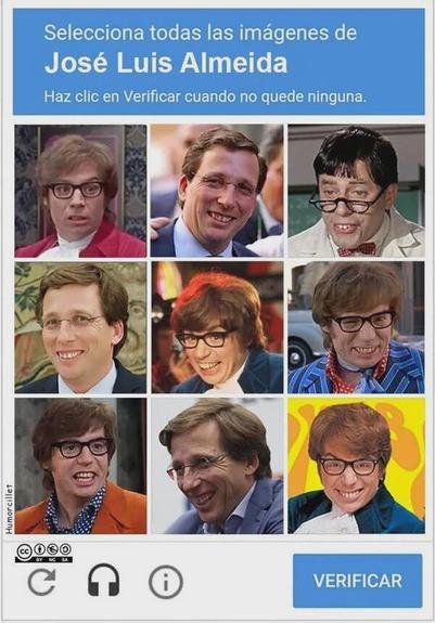 Foto de un captcha en el que pide seleccionar todas las fotos de Almeida. Hay fotos de Almeida, y de Austin Powers.