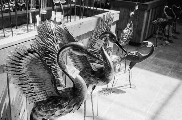 A diagonal lineup of metallic sculptures with wings extended and finely textured feathers.