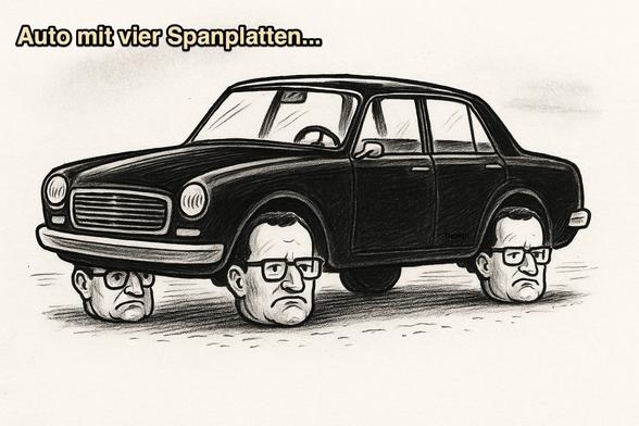 Zeichnung eines sehr alten, schwarzen Autos ohne Sicherheitsgurte, ohne Scheibenwischer und mit vier Spahnplatten als Rädern. - Da ist leider die Luft raus, obwohl man den Rädern hat wirklich vieles duchgehen lassen.
Die Wagenfarbe hat Ähnlichkeit zur Politischen Farbe der CDU/CSU (das Braun war leider aus) und die Spahnplatten-Räder haben Ähnlichkeit zu einer Person, die mutmaßlich mit der CDU in Kontakt steht.

Ähnlichkeit zu realen Personen. oder deren Namen, sind nicht beabsichtigt und rein zufällig.