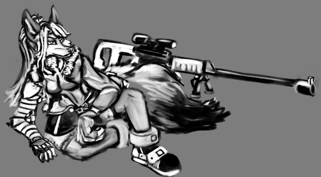 A tough sniper fox girl laying on the ground waiting while supporting herself with a metal arm