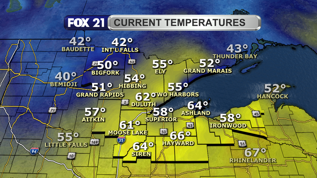 Temperatures in the Northland just after 1 p.m. on April 23, 2025, range from 42 to 66 degrees Fahrenheit.  The coolest readings are in the Rainy River Basin and along the North Shore.