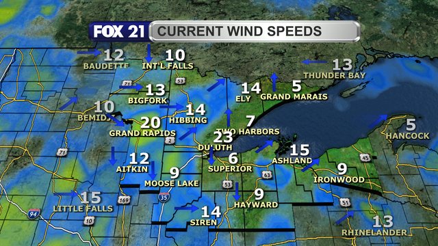 Wind speeds in the Northland just after 1 p.m. on April 23, 2025, range from 5 to 23 mph.  Wind direction is primarily from the southwest and south.  A shift to the west and northwest is being observed in the Rainy River Basin.