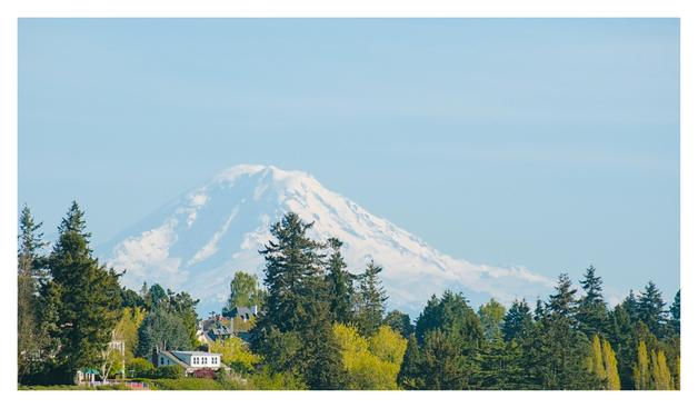 House on a hill in the foreground, surrounded by trees, with Mount Rainier in the background.