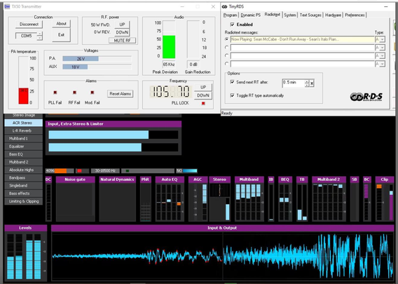 the screen from the PC at the TX site, showing the RDS and telemetry as well as soundprocessing in action