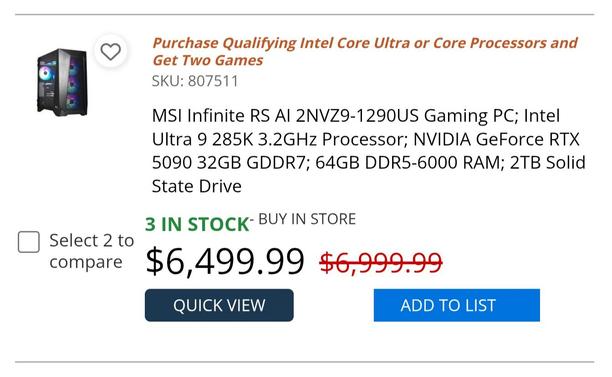 MSI computer at 3.2GHz with 64GB memory, 2TB drive, and Nvidia flagship graphics card for $6499 (only three left at that price at Microcenter) 
 
* must be ordered in-person