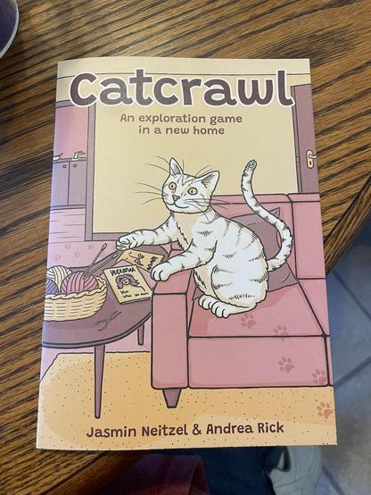 An illustrated book titled "Catcrawl: An exploration game in a new home," featuring a cartoon cat sitting on a couch. The scene includes a coffee table with a basket of yarn and some items scattered around. The authors' names, Jasmin Neitzel and Andrea Rick.