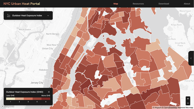 A grayscale image of the NYC map with its neighborhoods colored with multi-orange gradient shades to showcase the outdoor heat exposure index.