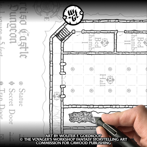 Closeup of work in progress of a digitally hand drawn dungeon map being inked.