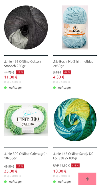 Screenshot von der Schnäppchenseite auf fuchserlei.de
Angeboten wird hier Cotton Smooth grau/schwarz, myboshi in himmelblau, Calera in grün und Sandy Design Color in grüngelbblauVerlauf