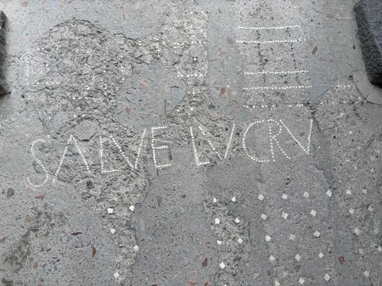 A grey floor mosaic spelling out “salve lucru(m)” (meaning “be welcome, profit”; the m is no longer visible)