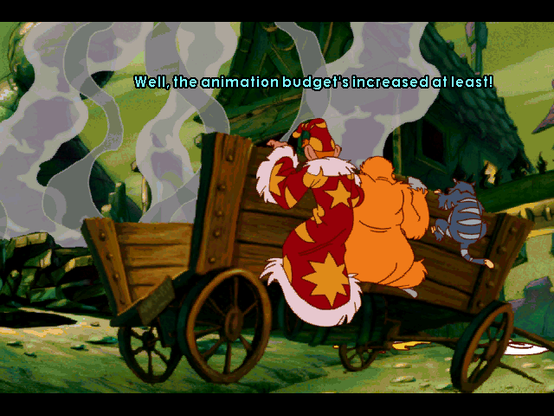 Screenshot from Discworld II. At the end of the opening cutscene Rincewind, looking at the aftermath of an explosion, is telling the librarian that "Well, the animation budget's increased at least!"

He then goes on to say, "Well of course that's a good thing! It means they haven't spent as much on plot, doesn't it. They've probably halved the number of insane object puzzles, for a start. Ahem. Sorry. I mean 'clever lateral thinking exercises', of course."