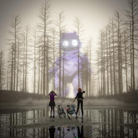 Description by ChatGPT: The image titled "Stranger State" is a surreal and atmospheric 3D render, blending visual themes from Stranger Things and The Electric State. It depicts a quiet, eerie forest of leafless trees under a pale, misty sky. A reflective pool of water stretches across the foreground, creating haunting mirror-like reflections of the scene above.

At the center of the image, partially veiled by fog and trees, stands a colossal purple robot with glowing white eyes. Its presence is ghostly and mysterious, towering silently in the mist. The robot is round and humanoid in shape, with softly glowing green and white lights scattered across its body.

In the foreground, two girls stand ankle-deep in the water, facing the robot. One wears a short skirt and purple top, shielding her eyes with her hands. The other, dressed in dark pants and a jacket, gestures toward the robot in astonishment. Two bicycles rest beside them, one with a basket, hinting that they stumbled upon this scene during a ride.

The mood is both magical and unsettling, capturing the essence of encountering the unknown—much like the nostalgic yet ominous tone of the inspirations behind it. The image evokes a sense of awe, wonder, and quiet dread in a mysterious world where technology and nature eerily coexist.