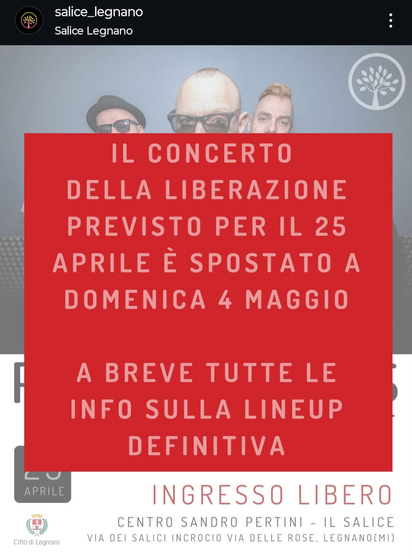 Post del salice che annuncia il rinvio del concerto al 4 maggio