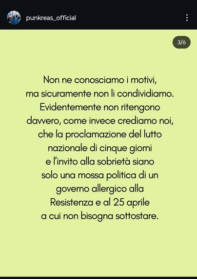 Post dei Punkreas, non condividono la scelta di spostare il concerto perché credono che invito alla sobrietà sia una mossa politica di un governo allergico alla resistenza e al 25 aprile a cui non bisogna sottostare