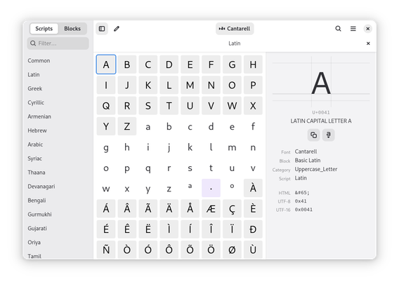 A screenshot of Runemaster, showing the Latin block. The selected character is LATIN CAPITAL LETTER A