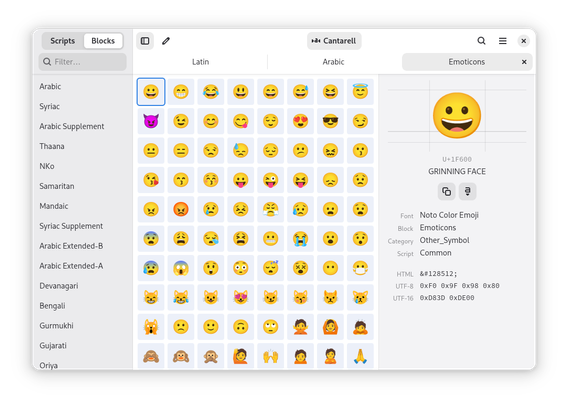A screenshot of Runemaster, showing the Emoticons block. The selected character is GRINNING FACE