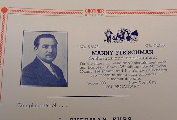 a snapshot of an advertisement from an old publication for a musician called Manny Fleischman. it has a photo of a moustachioed man and contact information for his orchestra.
