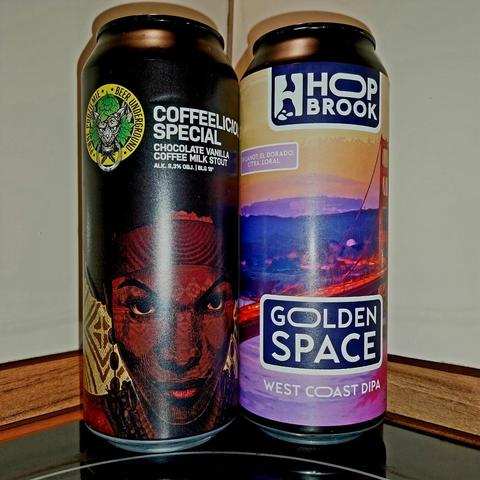 Two colourful cans of beer. A coffee milk stout from Beer Underground and Golden Space West Coast DIPA from Hop Brook