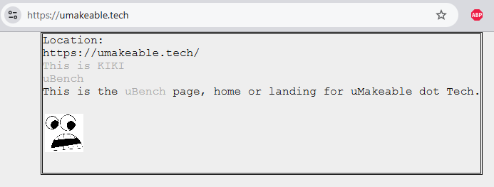 a screen capture of umakeable.tech the ubench or home page. text as follows:
Location:
https://umakeable.tech/
This is KIKI
uBench
This is the uBench page, home or landing for uMakeable dot Tech.