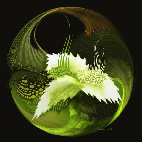 watercolour & ink; dark background with an abstract circular image, fanned lines form segments swirling around, overlapping in greens and whites, 3 burxh leaves form a central focus point, texture is overlaid in irregular patches formed from pebbles, lines and brushed strokes.