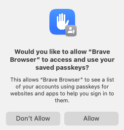 Screenshot: Would you like to allow "brave Browser" to access and use your saved passkeys?