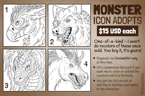 A set of four line art headshot drawings of monsters - a glowering griffon with the number 1, a snarling werewolf with the number 2, a furred snake with the number 3, and a horse-like creature with horns and a wide, fanged mouth with the number 4. Text on the side reads: "Monster icon adopts. $15 USD each. One-of-a-kind - I won't do recolors of these once sold. You buy it, it's yours! Payment via DeviantArt only at this time. 10% commission discount if you want me to color or extend the creature out to a full body. You get the full res art at 3600px X 3600px and rights to the character. @AubrietaRose