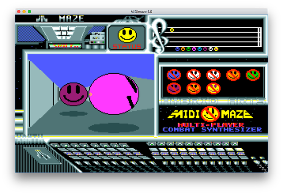 A screenshot of a running MIDI-Maze game on Atari ST. It's an LAN FPS game taking place in a 3D maze. Players appear as big smiley balls.