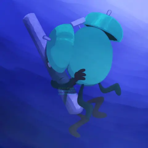Art of my object OCs, Timey and Metal Straw, holding one another while under water.