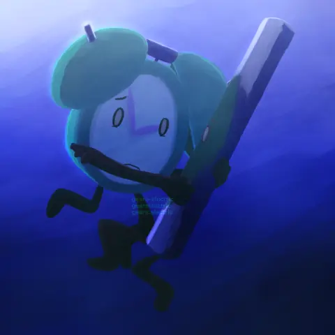 Art of my object OCs, Timey and Metal Straw, holding one another while under water.