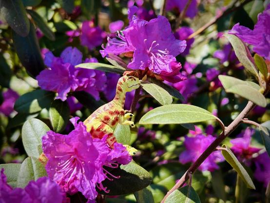 Among the vibrant purple flowers and lush green leaves, a green Dilophosaurus with brown spots playfully peeks through the foliage. The vivid colours create a whimsical and imaginative scene.