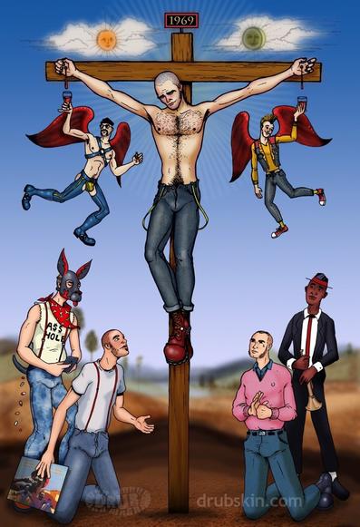 Based on Raphael Sanzio’s Crucifiction of Christ, I replaced the religious figures with a really stupid puppy boy with a pill problem, a ska musician and two cry-baby straight skinheads. I guess I’m crucified. The punk and leather man are happy to take their payment out in blood.