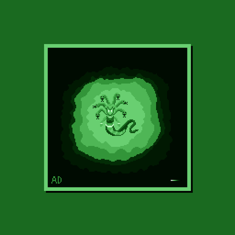 Monochrome Medusa pixel art drawing with a noisy circular vignette in a polaroid frame