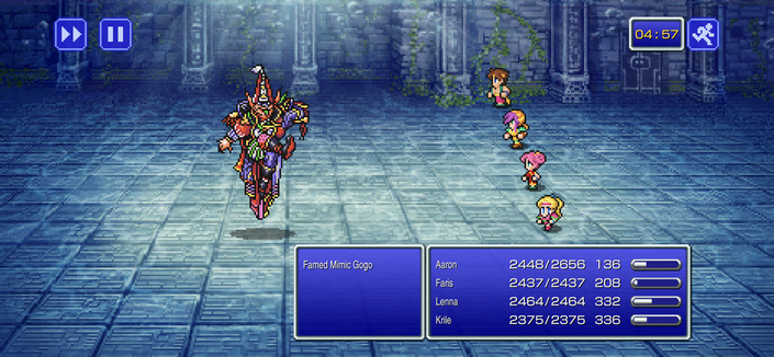 Alt text for game screenshot: A group of four animated character figures stand in a dark, castle-like setting with a stone floor. The central figure appears to be casting a spell. Two of the characters are holding weapons and have armor on, suggesting they are enemies or opposing figures in the game.