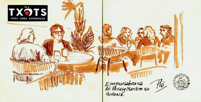 Dibujo con tinta aplicada con pincel y pluma estilográfica de la terraza de la sidreria Txots en Empuriabrava