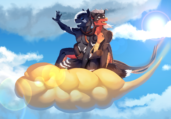 Furry art by Candymint. Snake furry holding wolf furry. Both are riding on a golden nimbus cloud in the sky. The wolf has a snake around his neck.
