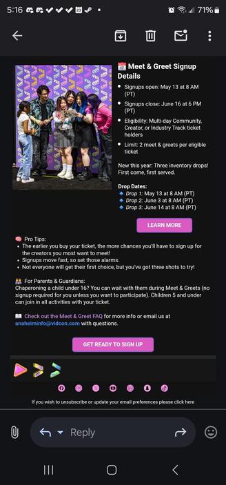 Screenshot of an email from Vidcon, explaining they're going back to "first come first serve" meet-and-greet sign-ups