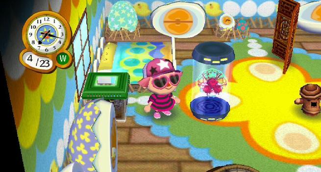 Animal Crossing City Folk. The player wears mostly pink, and is standing inside a house mostly decorated with egg themed furniture. Next to her is a specimen container housing a metroid.