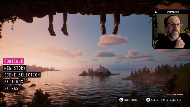 The title screen of Lost Records: Bloom and Rage. The camera is just under a wooden platform, with two pairs of legs dangling down. The sun is setting off to the left, and the two young people are looking out over a lake surrounded by trees. The game’s main menu is overlaid on the left side. The first option, “Continue,” is highlighted in pink. On the right is an inset image of me looking at the camera.