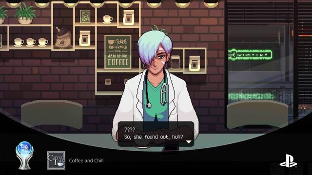 Screenshot from the game Coffee Talk showing a character with light blue hair and a stethoscope speaking at a coffee bar. The dialogue box says, “So, she found out, huh?” A PlayStation Platinum trophy icon is visible in the corner, along with the trophy title “Coffee and Chill,” indicating the player has earned the platinum trophy. The scene is set in a cozy, pixel art-style café. Spoiler-free.