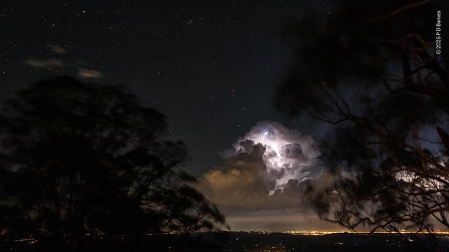 Night sky of shining stars above, with a large thunder cloud below, lit up from inside by a large internal lightning bolt. Below is the sea and a strip of coastal lights. The image is framed on both sides by the darkly silhouetted branches of two large eucalypts.