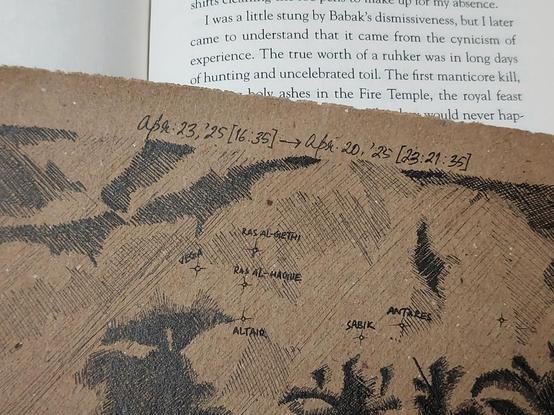 Closeup of the centre-top portion of the ink drawing on brown packing paper placed on the ivory white pages of an open book: Untethered Sky by Fonda Lee. Of the drawing, the stars in the clouded sky and the topmost parts of the darker tree silhouettes are in focus. The text in the background reads: "I was a little stung by Babak's dismissiveness, but I later came to understand that it came from the cynicism of experience. The true worth of a ruhker was in long days of hunting and uncelebrated toil. The first manticore kill, [...] holy ashes in the Fire Temple, the royal feast [...] would never hap-".