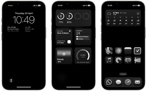 Alt text: Three smartphone screens displaying various widgets and apps. The first screen shows the date, time, weather, and no scheduled events. The second screen includes battery levels and upcoming events, with details about holidays. The third screen displays the weather forecast and icons for various apps like navigation, photos, music, and more. The color scheme is dark with white text and icons.