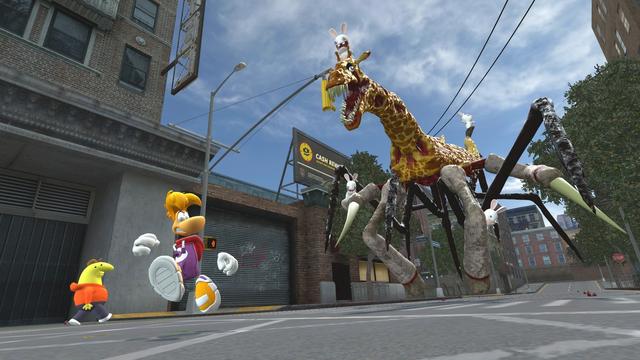 Rayman is running for his life from a mutant giraffe that wants to eat him. Also Rabbids.