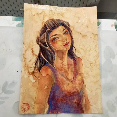 Watercolour portrait of a young femme with black braid half up half down hair, and a pink/purple shimmering singlet. Texturised with extensive coffee staining