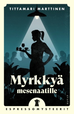 Myrkkyä mesenaatille -kirjan kannessa on tarjoilijanaisen siluetti. Tarjoilijan kädessä on tarjotin, jossa on lasi ja muffinsseja.
